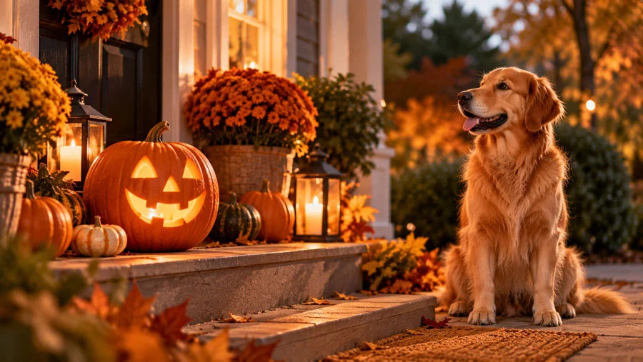 AI-generated image of a carved pumpkin lit by an LED candle on a porch step, with a dog sitting at a safe distance