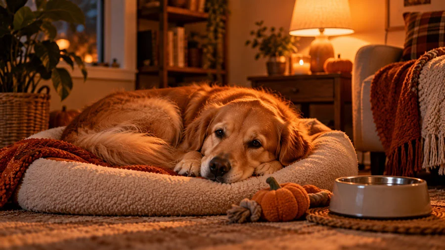 AI-generated image of a dog curled up on a cushion in a quiet, dim room with a chew toy and water bowl
