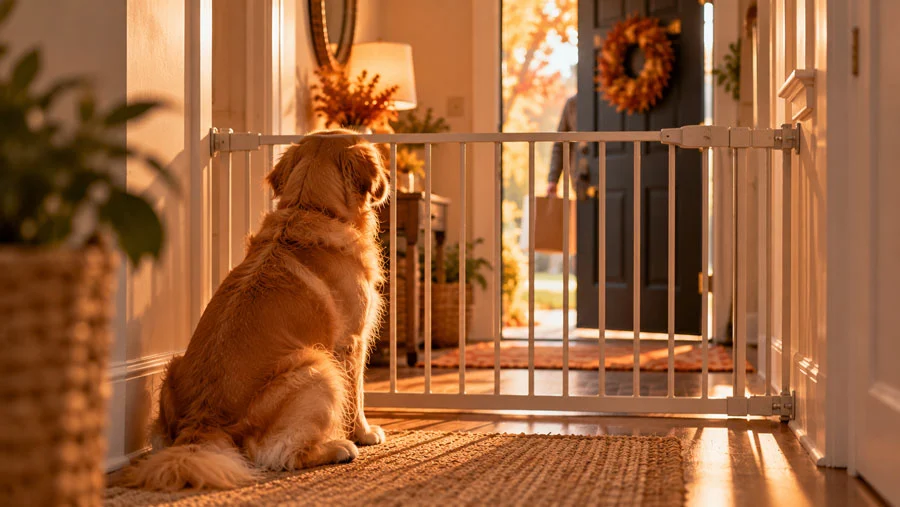 AI-generated image of a dog sitting behind a baby gate in a hallway while the front door is open