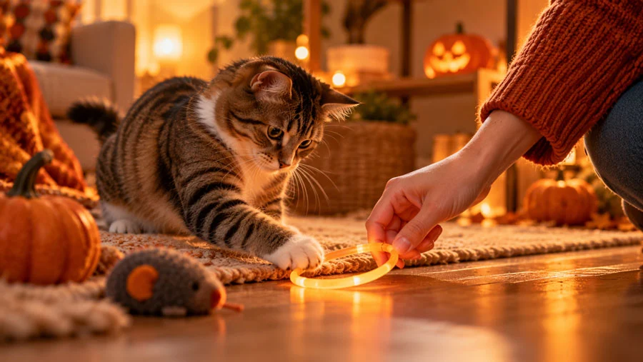 AI-generated image of a cat batting at a glow necklace while a hand gently takes it away