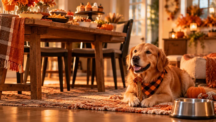 AI-generated image of a party snack table out of reach while a dog enjoys a pet-safe treat