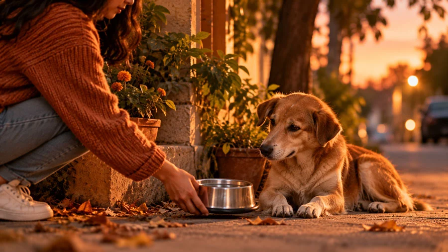AI-generated image of a person placing a water bowl in a quiet corner for a community dog at dusk