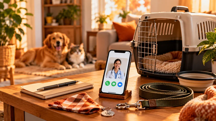 AI-generated image of a phone with a saved vet contact, a pet carrier, and a leash arranged on a desk