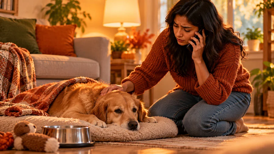 AI-generated image of a worried owner kneeling beside a lethargic dog while phoning a veterinarian