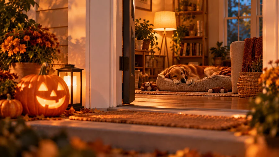 AI-generated image of a cozy home at dusk with a porch pumpkin and a dog resting in a quiet back room