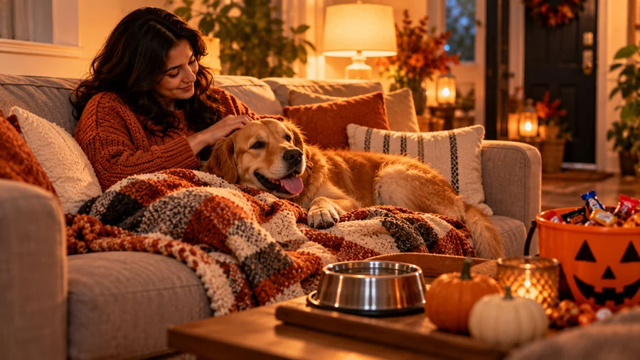 AI-generated image of a dog and owner relaxing on a sofa after trick-or-treating with a blanket and water bowl