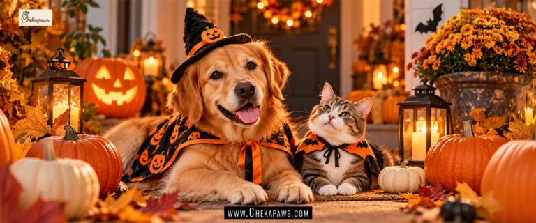 AI-generated image of a golden retriever resting beside a glowing LED pumpkin on a cozy Halloween porch
