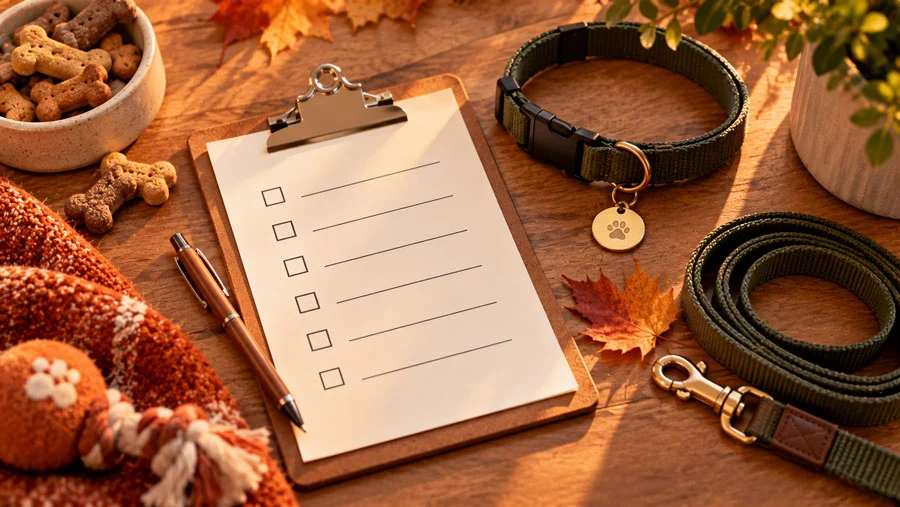AI-generated flat-lay image of a checklist clipboard beside a collar with ID tag, leash, and autumn leaf