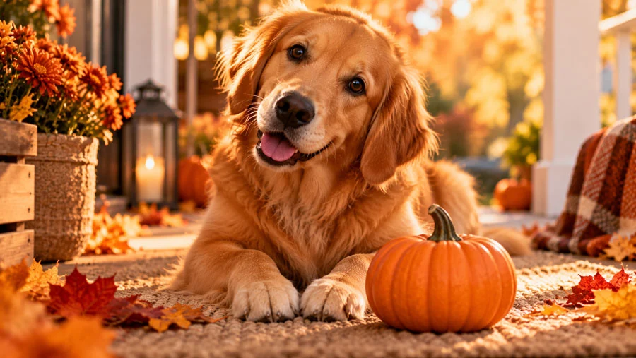 AI-generated image of a curious dog tilting its head beside a small pumpkin in soft autumn light