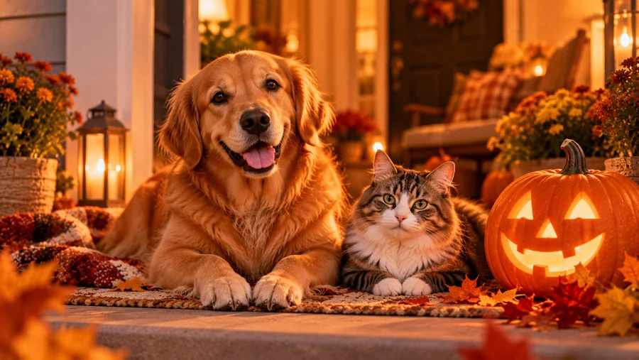AI-generated image of a happy dog and a calm cat sitting beside a glowing pumpkin on a porch at dusk