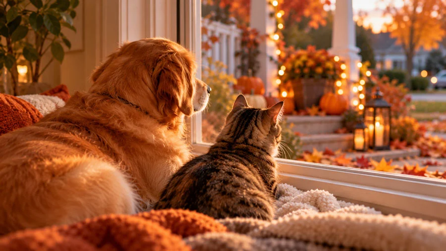 AI-generated image of a dog and cat sitting at a window, watching pumpkins and autumn leaves outside