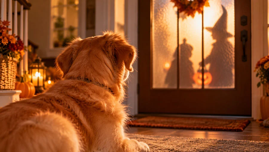 AI-generated image of a dog watching the front door as a costumed visitor's shadow appears behind frosted glass
