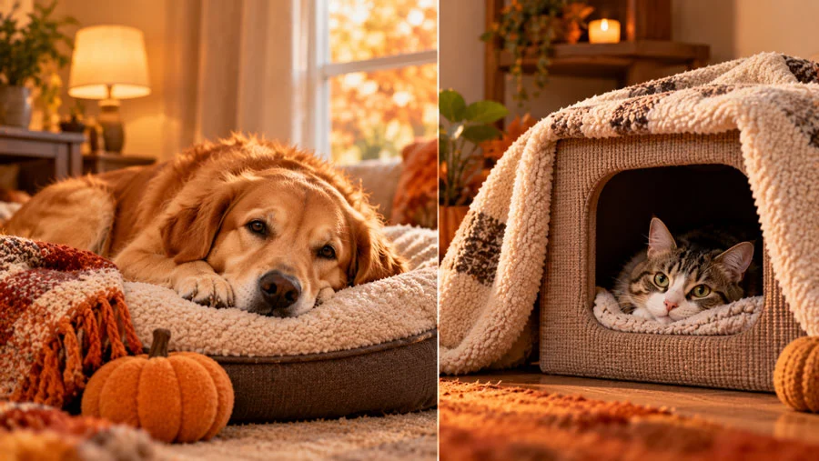 AI-generated image of a dog resting on a bed in a quiet room next to a cat in a covered hiding box