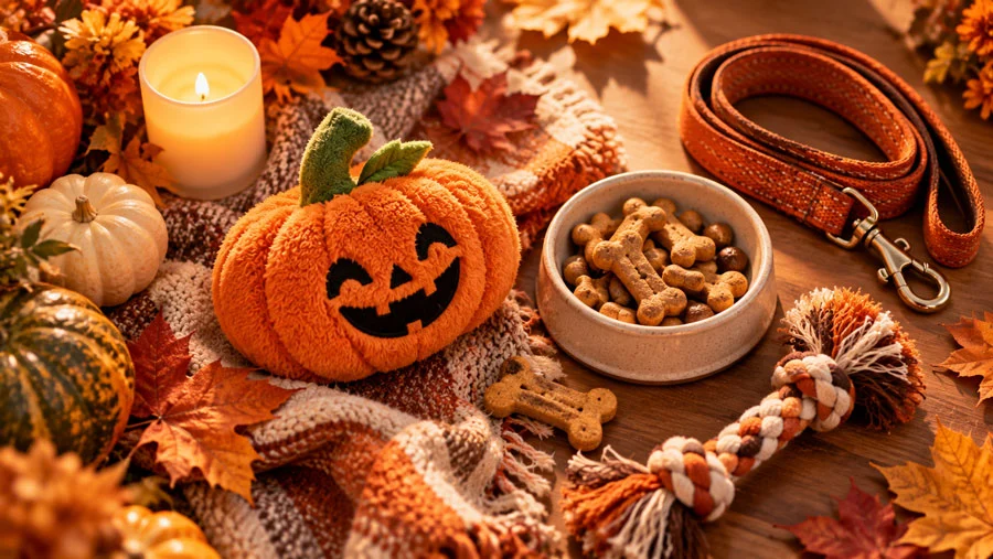 AI-generated flat-lay image of pet-safe Halloween items: LED candle, plush pumpkin toy, chew treat, and leash