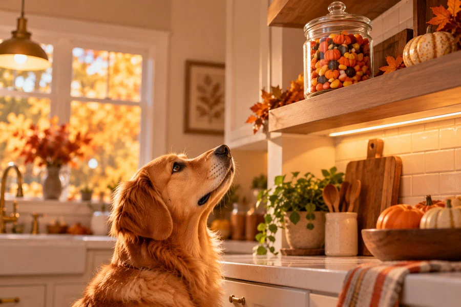 AI-generated image of a closed candy jar on a high shelf while a dog looks up from below
