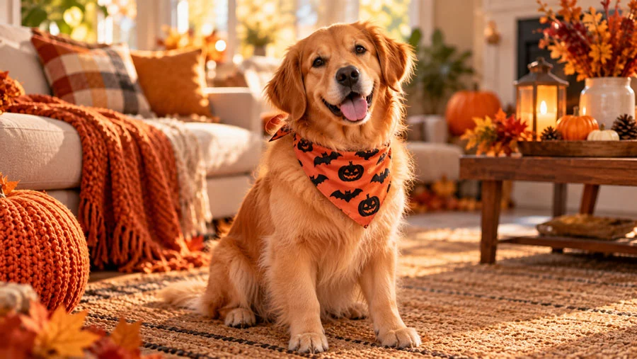 AI-generated image of a dog in a lightweight bandana costume sitting comfortably on a living room rug