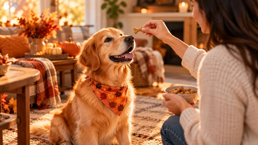 AI-generated image of an owner offering a treat to a dog wearing an autumn bandana