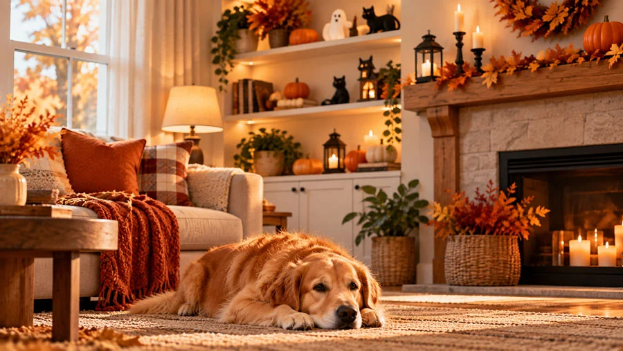 AI-generated image of Halloween decorations placed high on a shelf and mantel while a dog rests on the floor